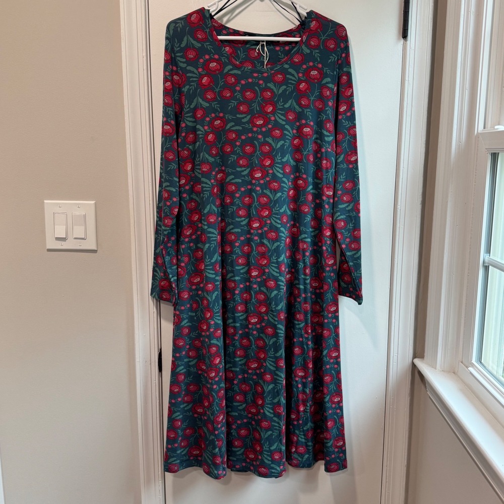 Gudrun Sjoden Dagny Floral Dress L Teal Red Long Sleeve Lyocell Swedish